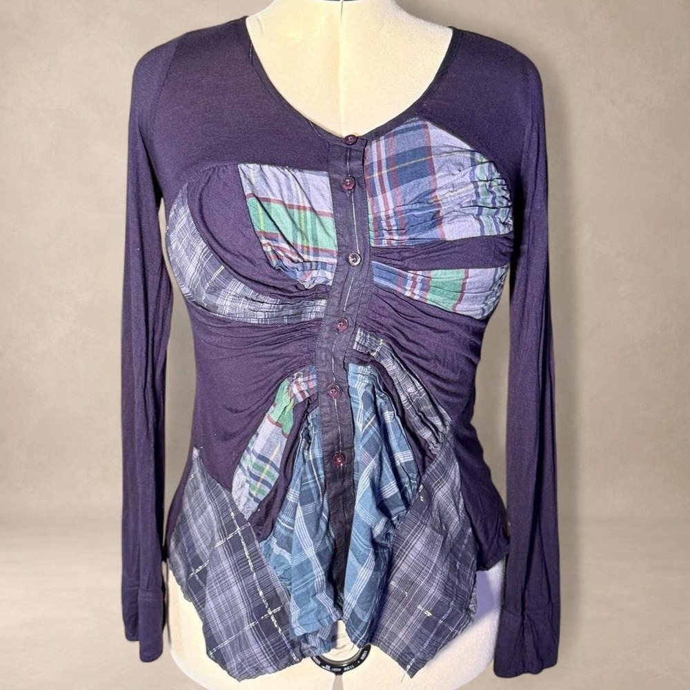 Desigual Patchwork Plaid Top Purple Ruched Button Front M